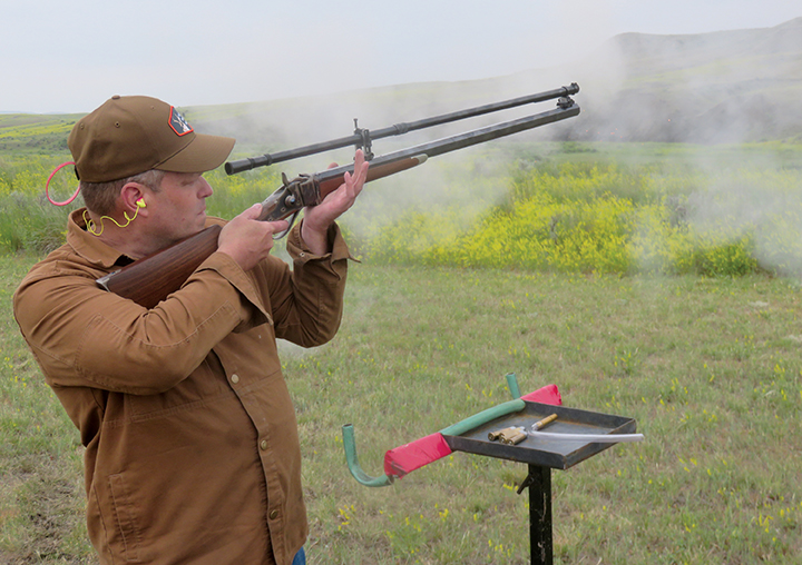 Pat Dulin of C. Sharps Arms getting some offhand practice with the Sgt. Ryan rifle.
